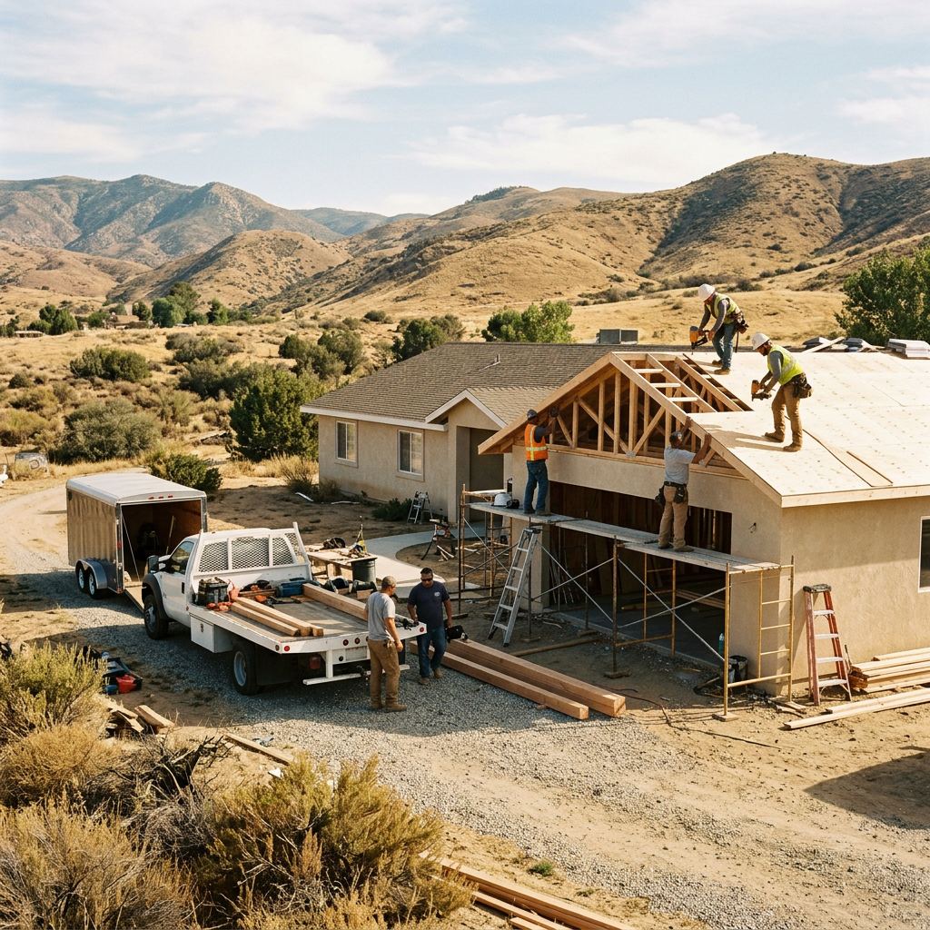Acton foothill home with contractors working on a room addition