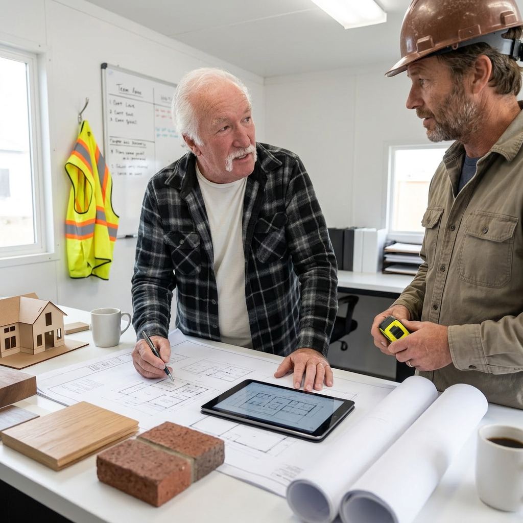 Contractor planning desk with blueprints and project guide notes