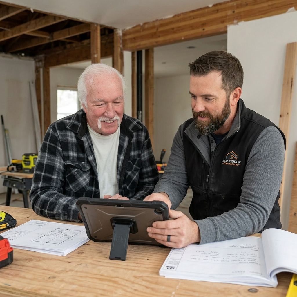 Male contractor and homeowner reviewing construction plans and budget details