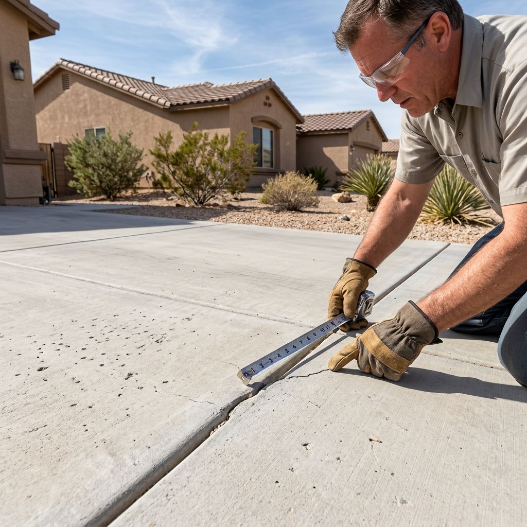 Close-up of a high-desert concrete driveway crack being measured by a contractor
