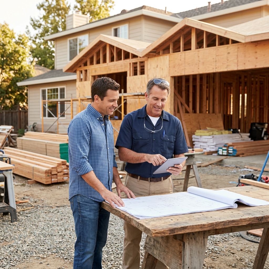 Contractor consultation scene with blueprints at a residential construction project