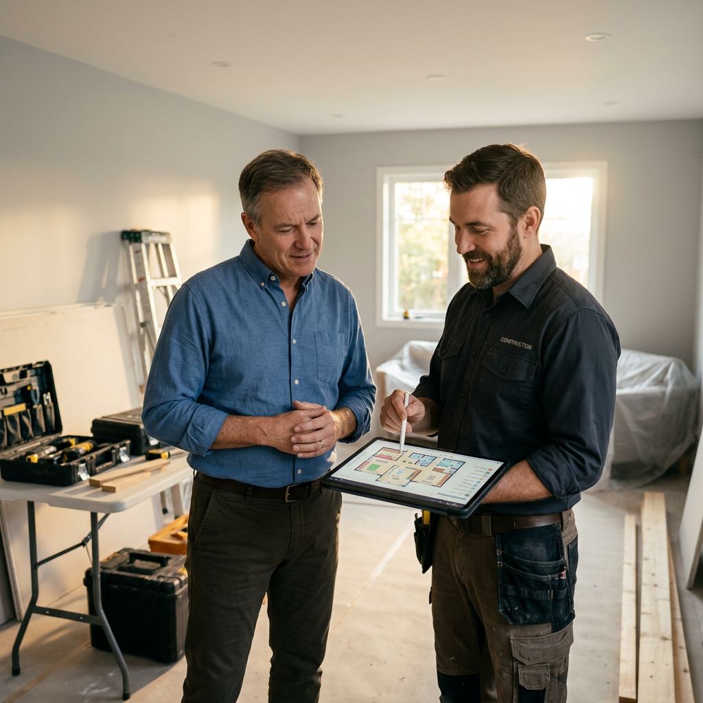 Male homeowner asking a contractor questions during a planning consultation