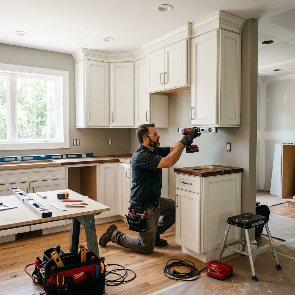 Interior renovation work with a contractor installing cabinets