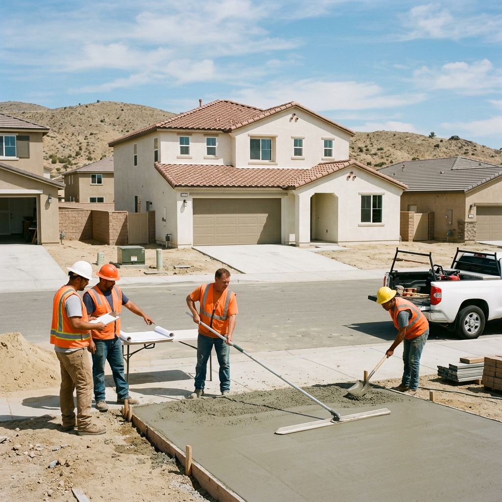 Palmdale neighborhood near foothills with a residential construction crew