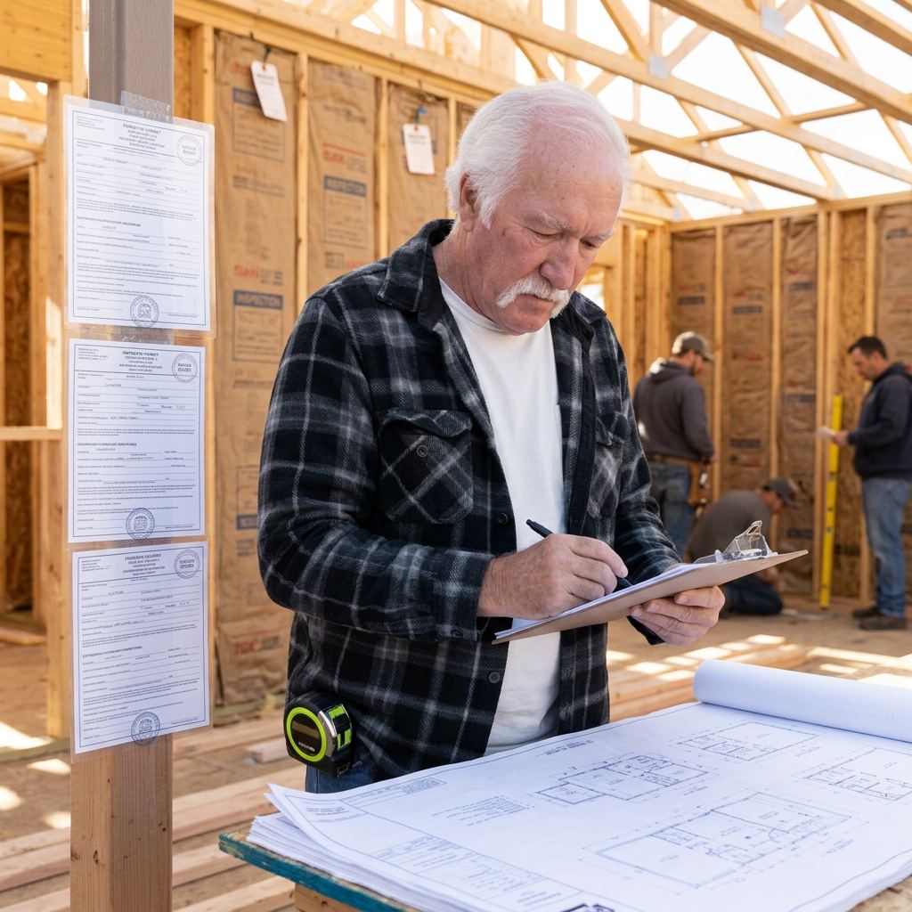 Contractor reviewing permits and inspection notes inside a framed room addition