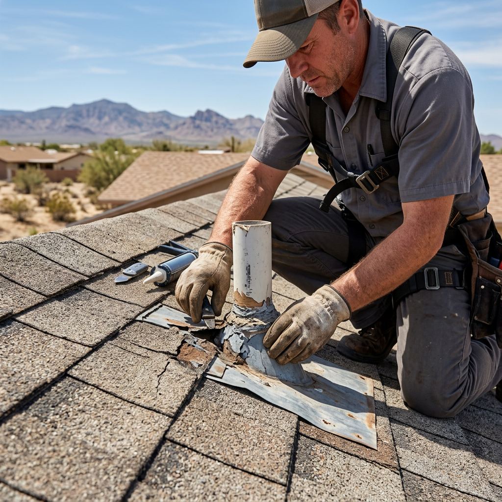 Roofer inspecting worn flashing around a roof pipe in the Antelope Valley