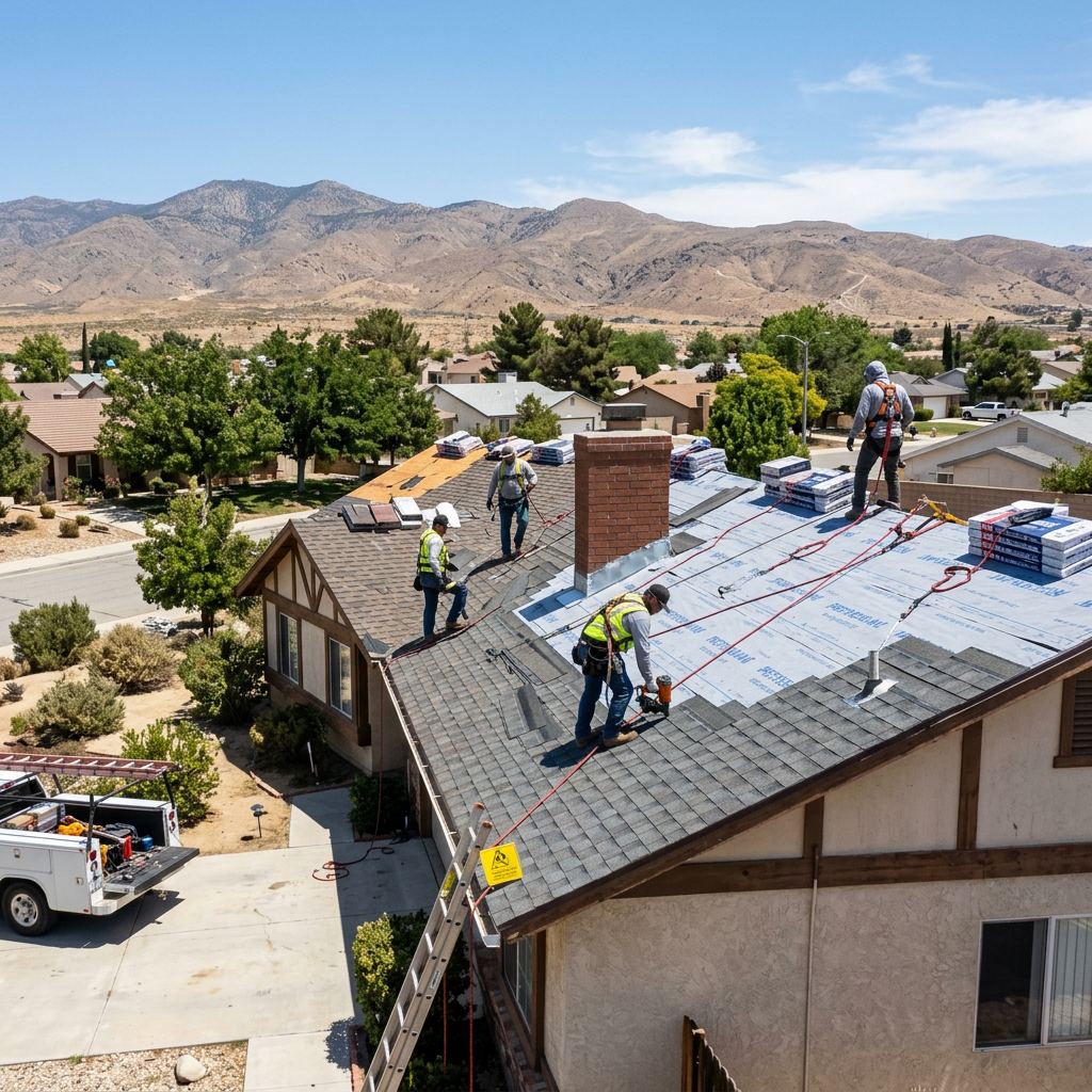 Roofing crew working on an Antelope Valley shingle roof project