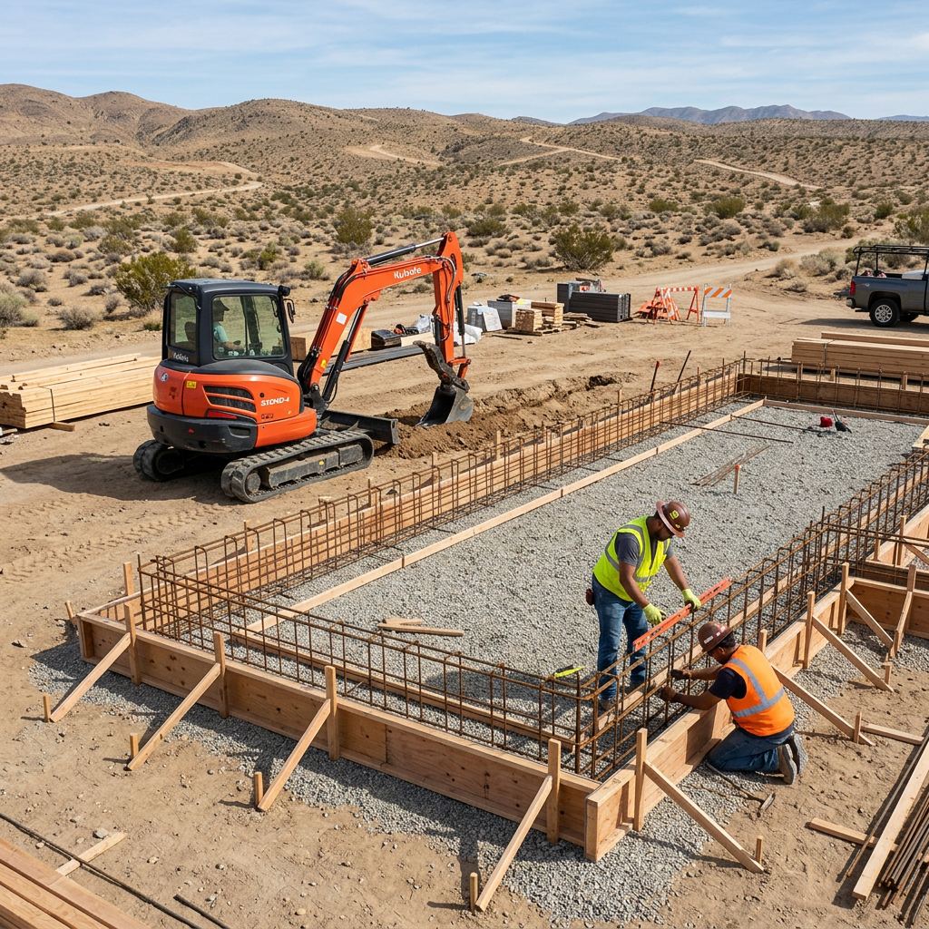 Residential foundation preparation with rebar, forms, and site grading in the high desert